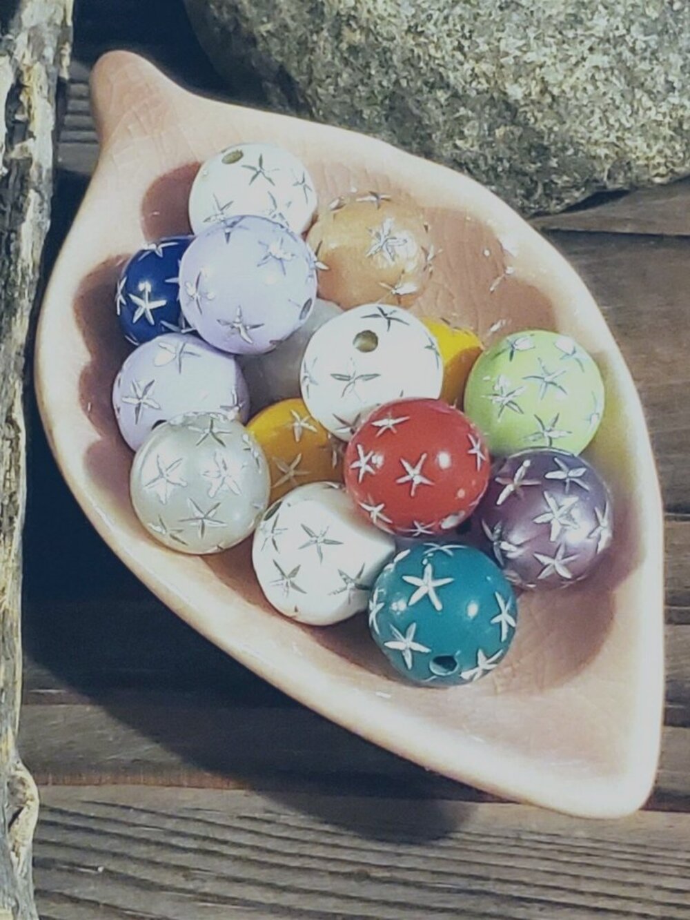 New Vintage 90s Mixed Colors Silver Stars 12mm Round Acrylic Shabby Beads 10 pcs